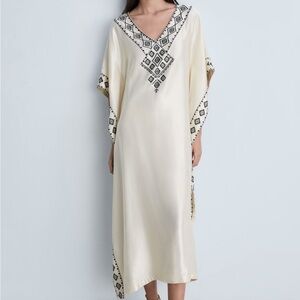 MANGO Elegant Cream Kaftan with Black Geometric Trim